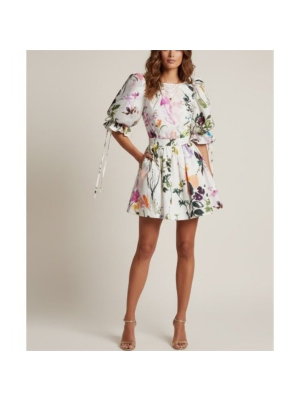 Aje Drift Floral Print Puff Sleeve Mini Dress‎ Open Back Cotton US XS / AU 6